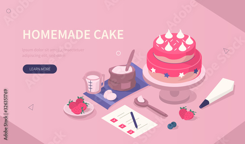 Homemade Cake on Kitchen. Recipe for Cooking Sweet Dessert with Cream. Confectioner Workplace. Bakery and Pastry Concept. Flat Isometric Vector Illustration.