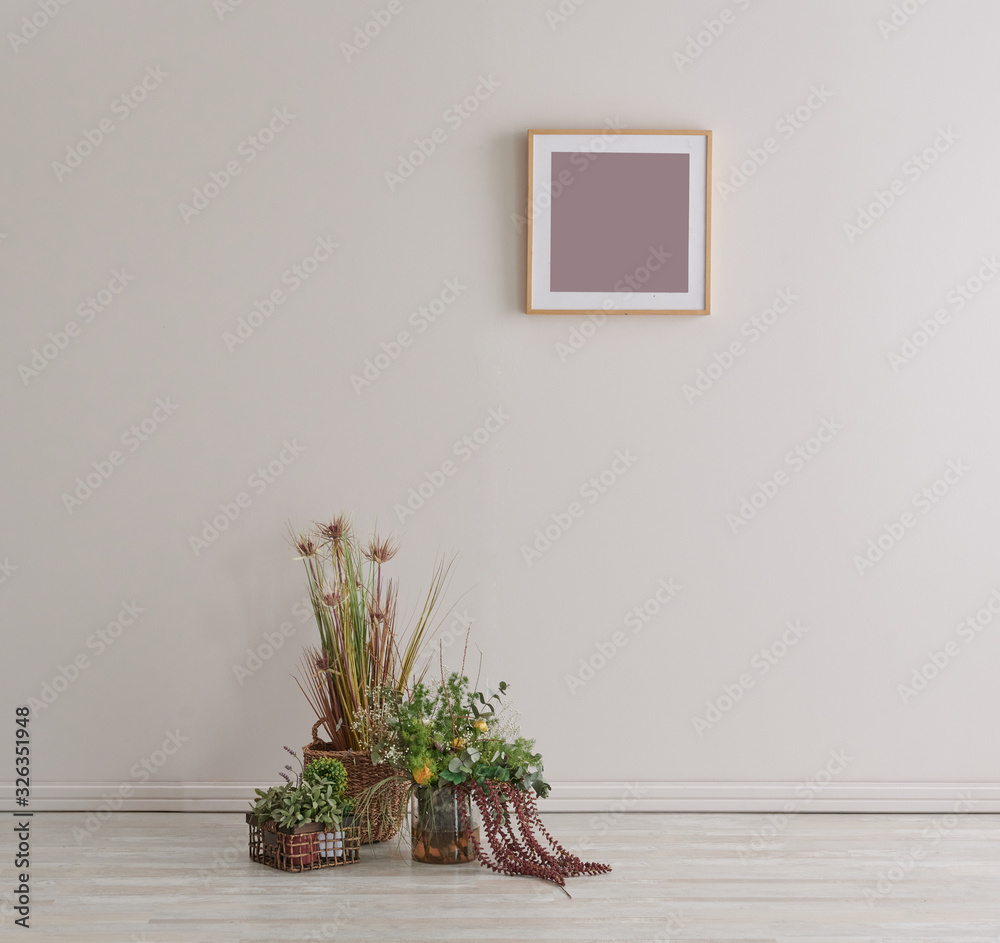 Fototapeta premium Pink wall background, room, interior concept, red table, cabinet and frame style.
