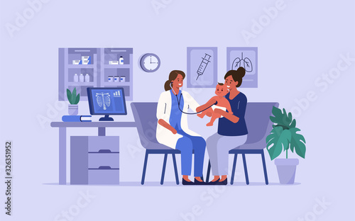 Woman Doctor Examining Little Boy in her Office by Stethoscope. Kid having Consultation with Doctor Pediatrician in Hospital. Medical People Characters. Flat Cartoon Vector Illustration.