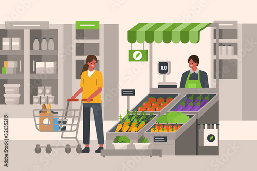 Character Shopping in Vegetable Market. Woman Holding Shopping Trolley, Choosing and Buying Fresh Food Groceries. Local Market Stalls with Natural Products. Flat Cartoon Vector Illustration.
