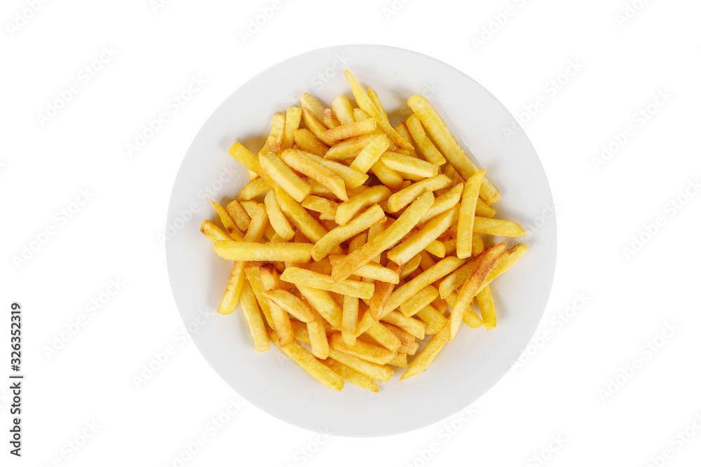 Hot appetizer French fries crispy, golden, deep-fried, fried in oil before alcohol, food on plate, white isolated background view from above. For the menu, restaurant, cafe Hot appetizer French fries crispy, golden, deep-fried, fried in oil before alcohol, food on plate, white isolated background view from above. For the menu, restaurant, cafe
