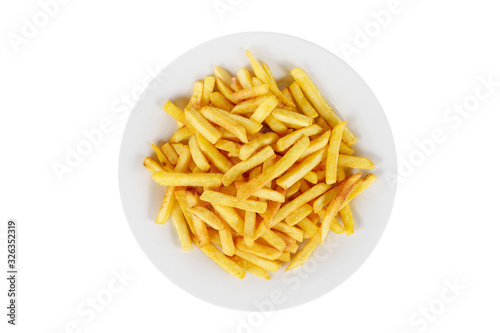 Hot appetizer French fries crispy, golden, deep-fried, fried in oil before alcohol, food on plate, white isolated background view from above. For the menu, restaurant, cafe