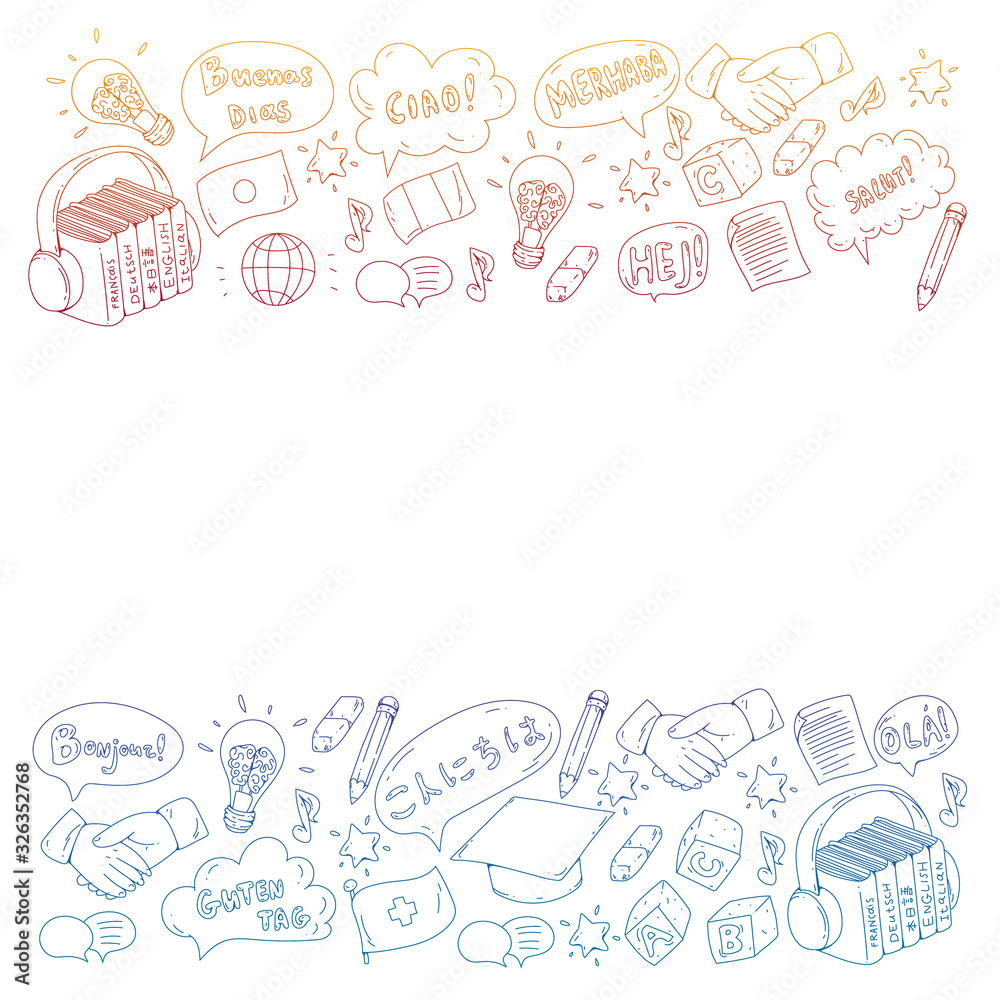 Vector pattern for language class, online courses. English, arabic, italian, japanese, spanish, chinese, german. Vector pattern for language class, online courses. English, arabic, italian, japanese, spanish, chinese, german.