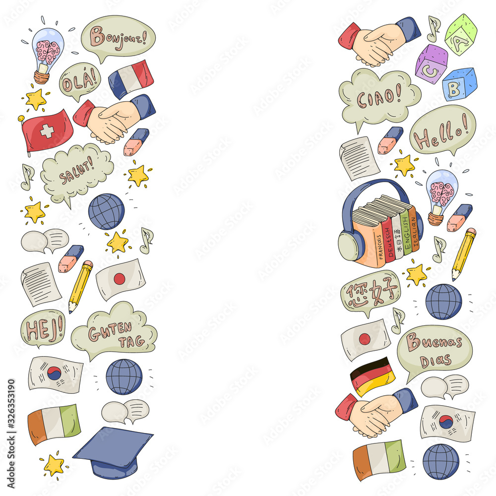 Vector pattern for language class, online courses. English, arabic, italian, japanese, spanish, chinese, german. Vector pattern for language class, online courses. English, arabic, italian, japanese, spanish, chinese, german.