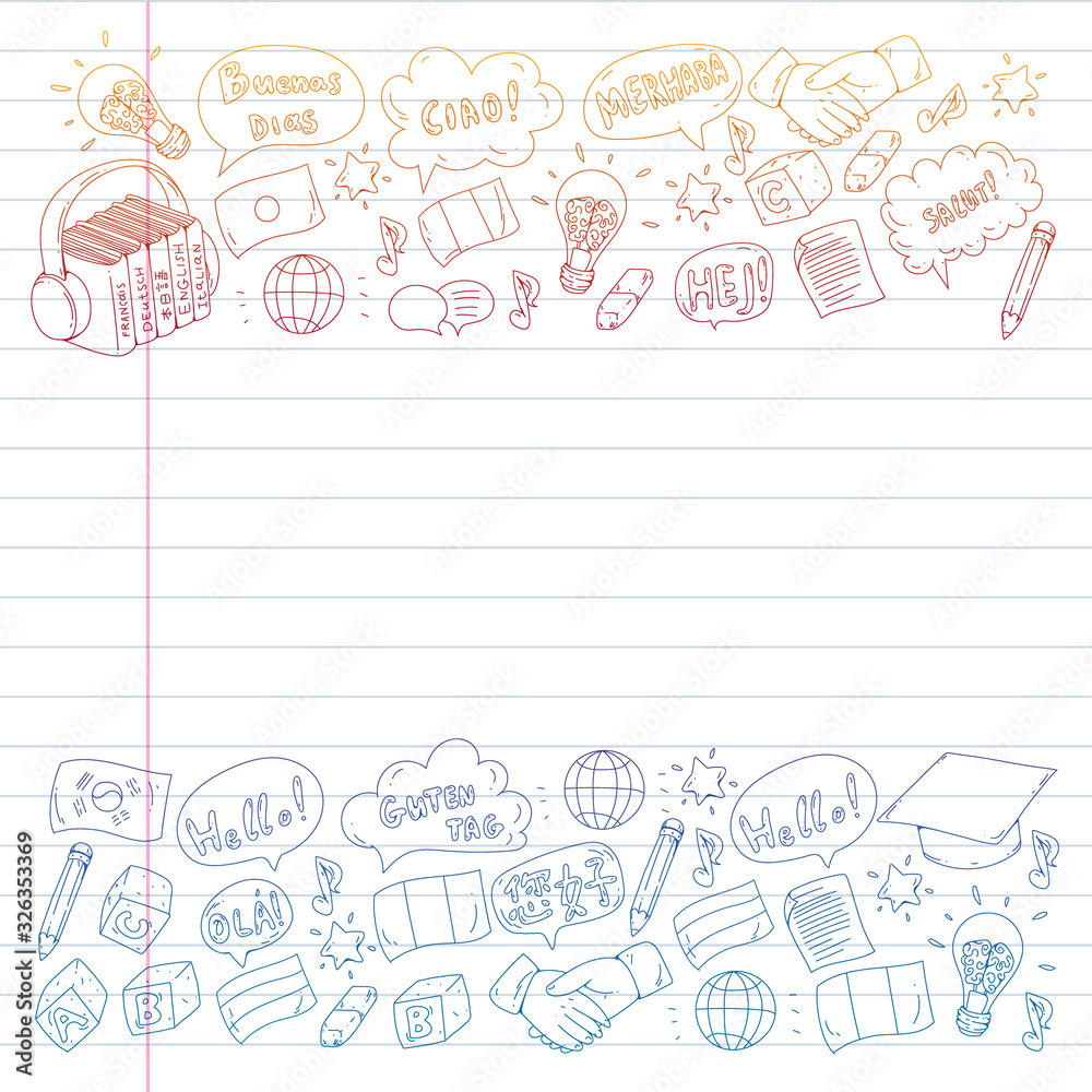 Vector pattern for language class, online courses. English, arabic, italian, japanese, spanish, chinese, german. Vector pattern for language class, online courses. English, arabic, italian, japanese, spanish, chinese, german.