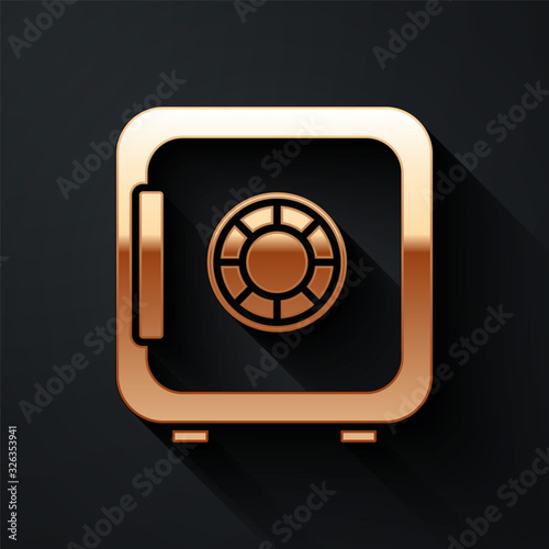 Gold Safe icon isolated on black background. The door safe a bank vault with a combination lock. Reliable Data Protection. Long shadow style. Vector Illustration