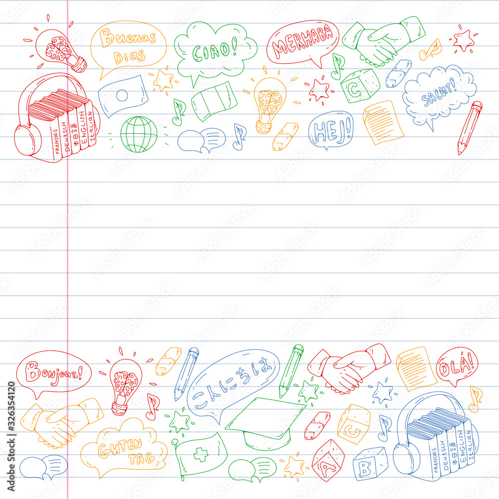Vector pattern for language class, online courses. English, arabic, italian, japanese, spanish, chinese, german. Vector pattern for language class, online courses. English, arabic, italian, japanese, spanish, chinese, german.