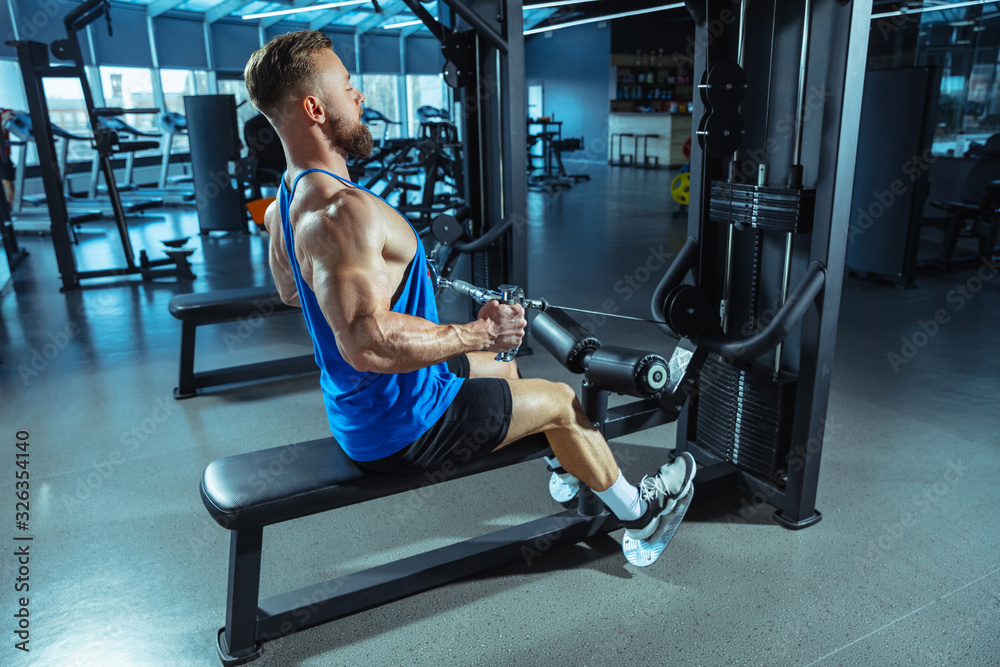 Fototapeta premium Young muscular caucasian athlete training in gym, doing strength exercises, practicing, work on his upper body, pulling on weights and barbells. Fitness, wellness, healthy lifestyle concept, working.