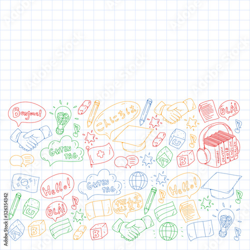 Vector pattern for language class, online courses. English, arabic, italian, japanese, spanish, chinese, german.