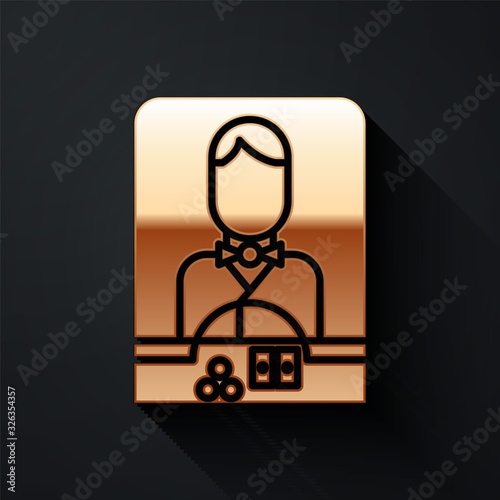 Gold Casino dealer icon isolated on black background. Casino croupier. Long shadow style. Vector Illustration