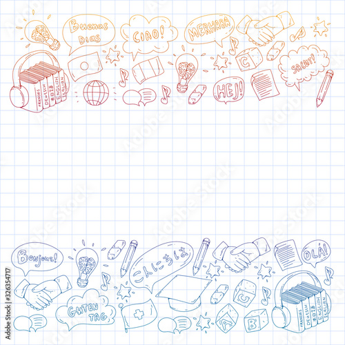 Vector pattern for language class, online courses. English, arabic, italian, japanese, spanish, chinese, german.