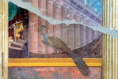 Oplontis Villa of Poppea - Salon, Fresco with a tragic mask and a peacock 