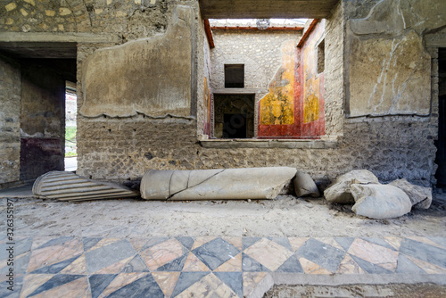 Oplontis Villa of Poppea - the living room, a large representation room with the floor that was made of marble tiles of various colors (opus sectile).