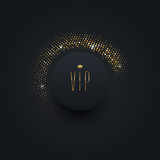 Vip black label with golden crown on a black  background with shining golden halftone. Premium design. Luxury template design. Vector illustration.