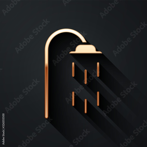 Gold Shower head with water drops flowing icon isolated on black background. Long shadow style. Vector Illustration