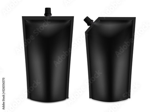 Realistic 3D Black Blank Doy Pack Mock up set. Vector Doypack Template Packing with screw cap.