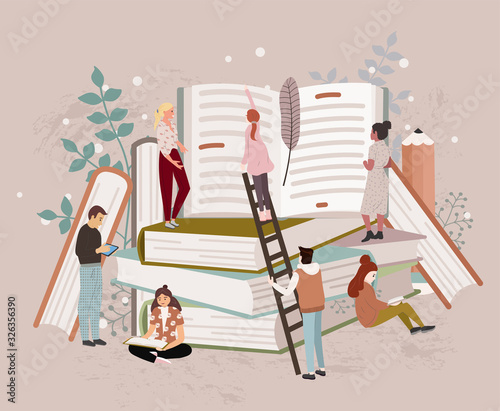 People or students reading studying and preparing for examination sitting on stack of giant books or beside it. Set of book lovers, readers, modern literature fans. Flat cartoon vector illustration