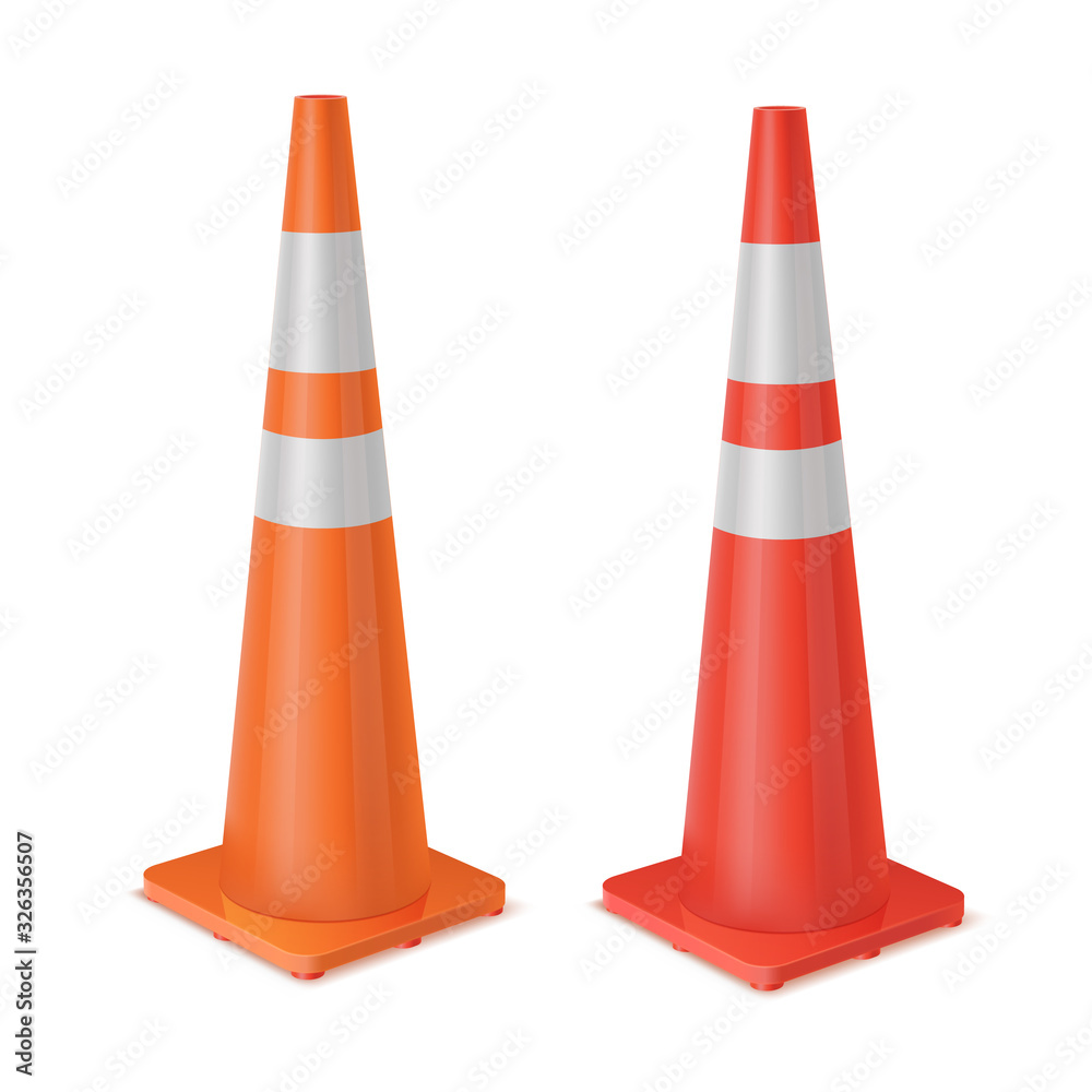 Red and orange realistic road plastic white striped shiny cones. Red and orange realistic road plastic white striped shiny cones.