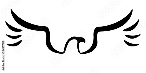 Stylized winged hawk silhouette in line drawing style. Decorative vector illustration isolated on white.