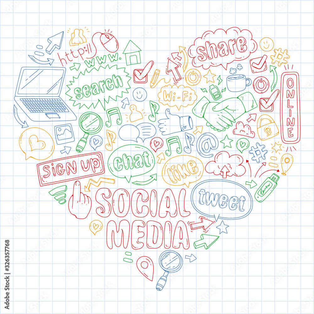 Social media, business, management vector icons. Internet marketing, communications.