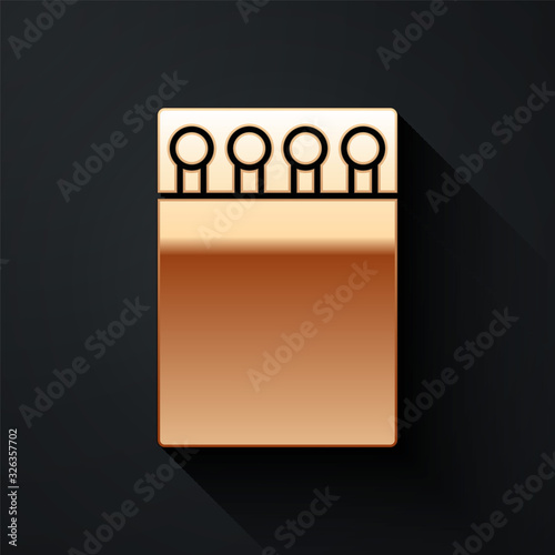 Gold Open matchbox and matches icon isolated on black background. Long shadow style. Vector Illustration