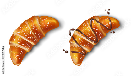 Croissant with chocolate isolated. Realistic traditional french Croissant. Bake sweet dessert product for breakfast or lunch. Vector illustration.
