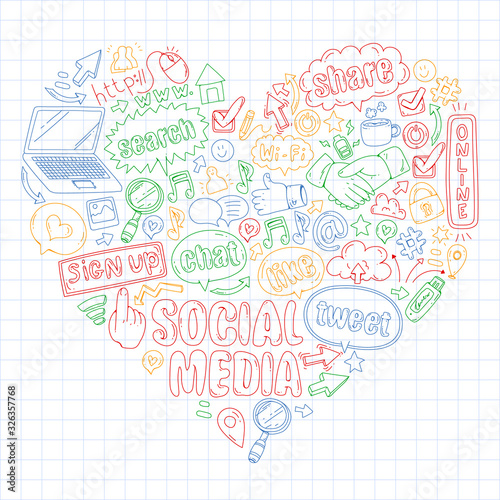 Social media, business, management vector icons. Internet marketing, communications.