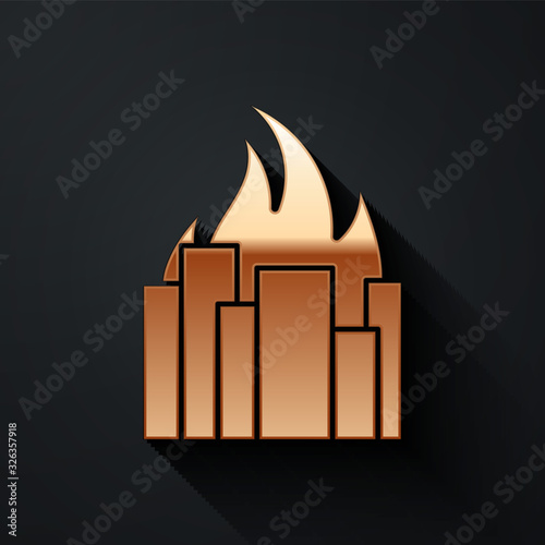 Gold Fire in burning buildings on city street icon isolated on black background. Destroyed city on fire. Long shadow style. Vector Illustration