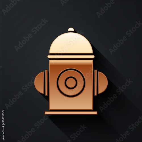 Gold Fire hydrant icon isolated on black background. Long shadow style. Vector Illustration