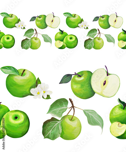  border. Apples Hand drawing isolated on a white background. Gentle green apples drawn in gouache in the style of realism.