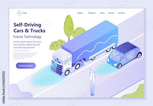 Future technology - Self-Driving Cars and Trucks, 3d isometric vector illustration