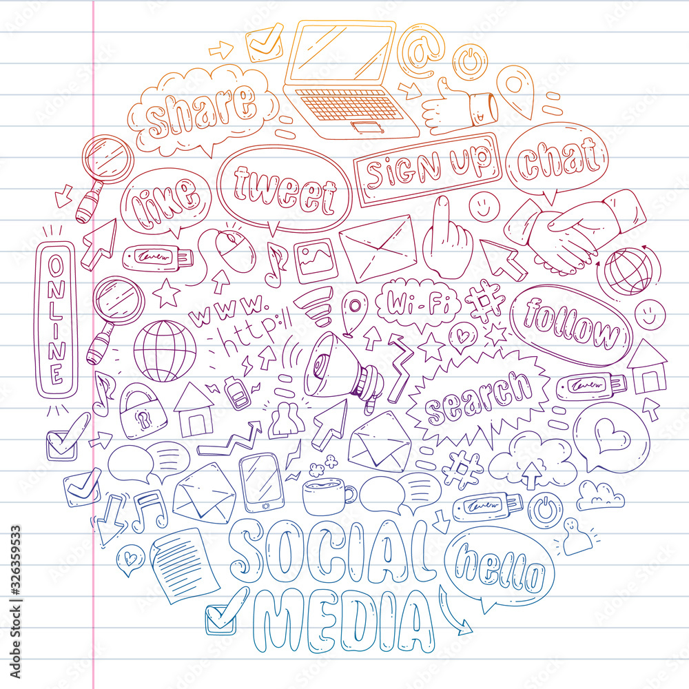 Social media, business, management vector icons. Internet marketing, communications. Social media, business, management vector icons. Internet marketing, communications.