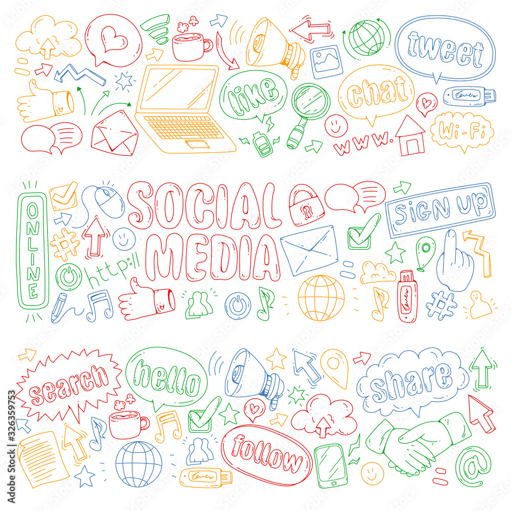 Social media, business, management vector icons. Internet marketing, communications.