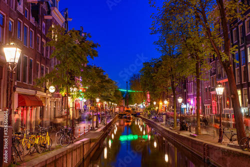 Photography Night view of De Wallen, the famous red-light district with window prostitution
