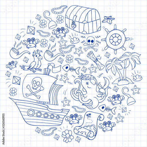 Vector set with pirate elements for birthday party for little children. Kids pattern with octopus, beach, treasure chest, ship