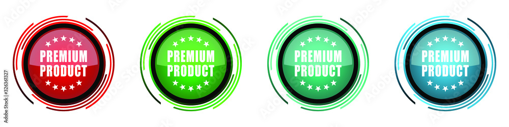 Premium product round glossy vector icons, set of buttons for webdesign, internet and mobile phone applications in four colors options isolated on white background