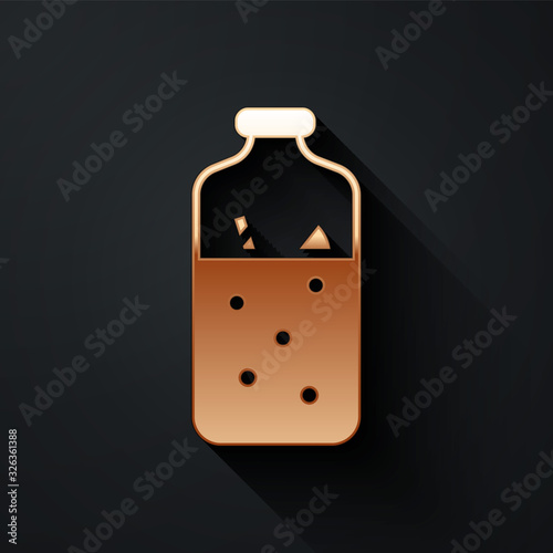 Gold Mulled wine with ingredients icon isolated on black background. Cinnamon stick, clove, lemon slice. Long shadow style. Vector Illustration