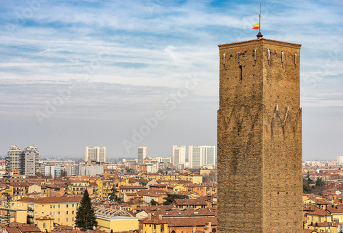 Prendiparte tower also called crowned tower (XII century) and the cityscape of Bologna, seen from the bell tower of the Metropolitan Cathedral of San Pietro. Emilia-Romagna, Italy, Europe photo
