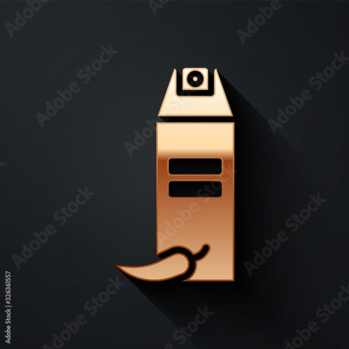 Gold Pepper spray icon isolated on black background. OC gas. Capsicum self defense aerosol. Long shadow style. Vector Illustration