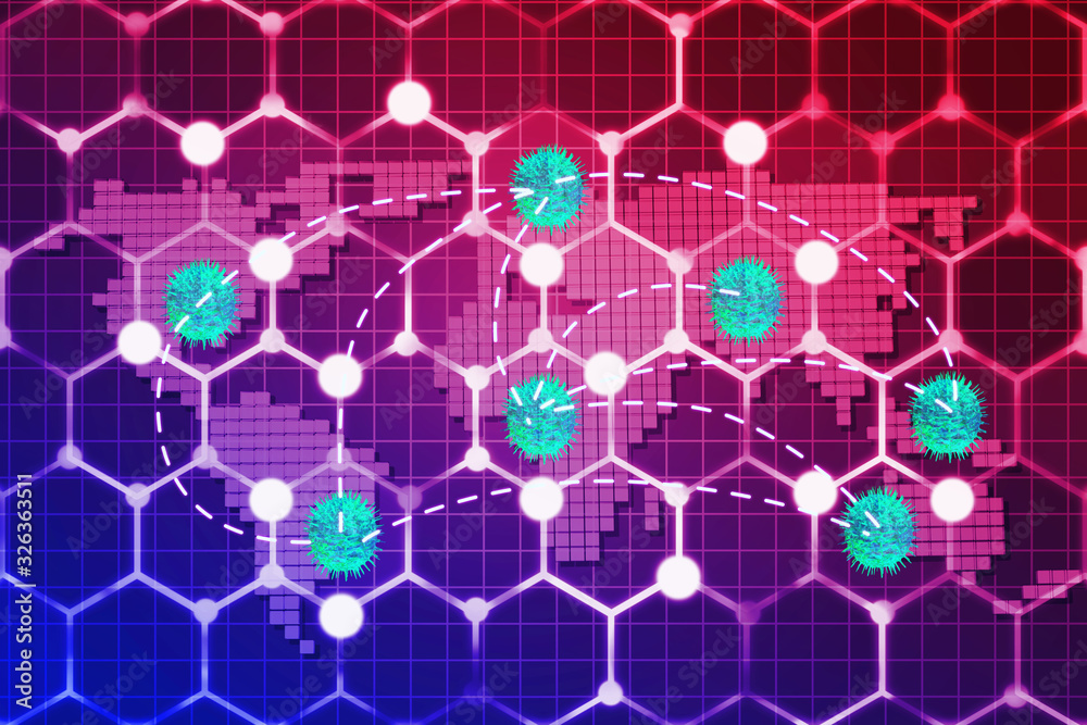  Futuristic world network worldwide virus infection monitor data on computer screen background, illustration picture