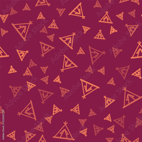 Brown line Traditional indian teepee or wigwam icon isolated seamless pattern on red background. Indian tent. Vector Illustration