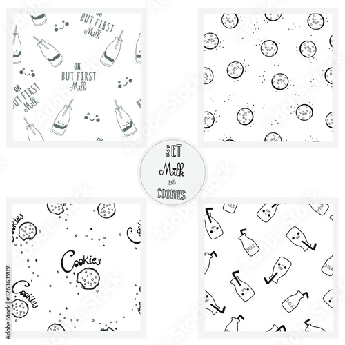 Set of milk and cookies seamless pattern. Set for printing on fabric for newborns, children, printing on paper, packaging, wallpaper. Vector set of smiling cookies and bottles with milk.