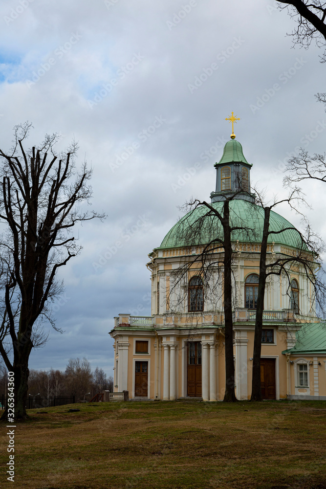 The main building and the Orthodox church of the A. Menshikov Palace, Oranienbaum, Russia.