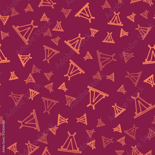 Brown line Traditional indian teepee or wigwam icon isolated seamless pattern on red background. Indian tent. Vector Illustration