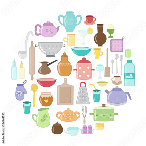 Kitchen objects and equipment set in cartoon style. Breakfast, dinner, supper menu. Restaurant icons. Home utensils. Vector illustration