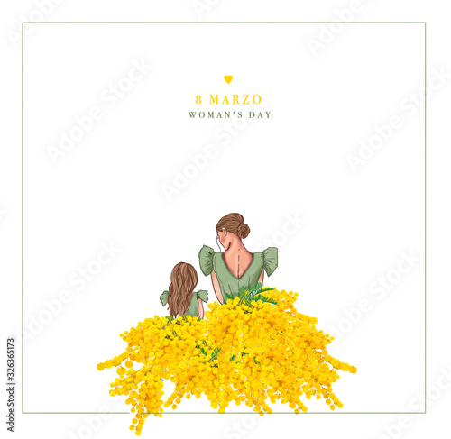 Illustrazione Stock mimose donna e bambina gonna di mimose festa della  donna auguri | Adobe Stock