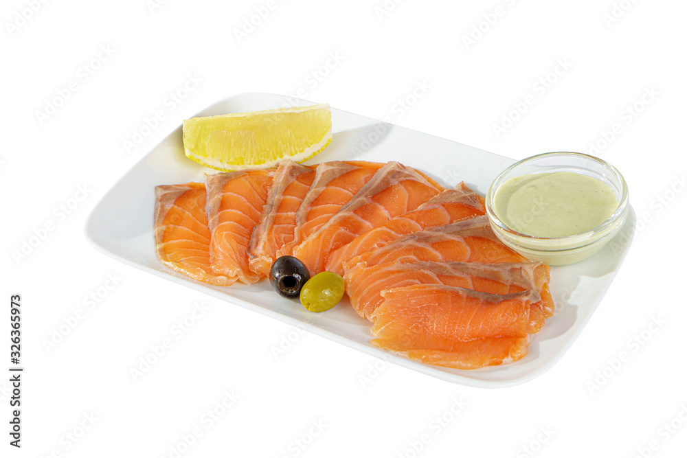 Cold appetizer before alcohol, salmon fillet salted with sauce wasabi