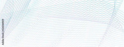 Web banner with net pattern. Tangled subtle curves. Abstract pastel art lines. White background. Light teal, purple watermark design. Vector guilloche. Coupon, cheque, ticket, coupon template. EPS10