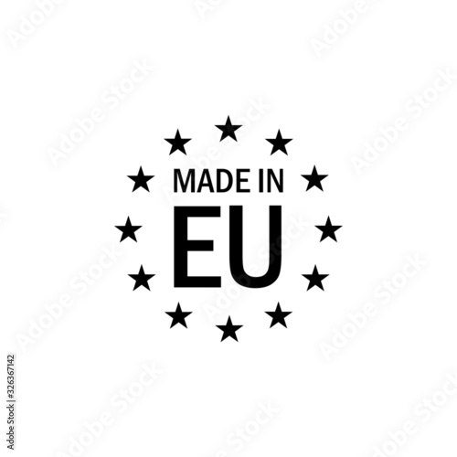 Made in EU black icon. Production symbol. Product created in European Union sign. Flat vector on white background. 