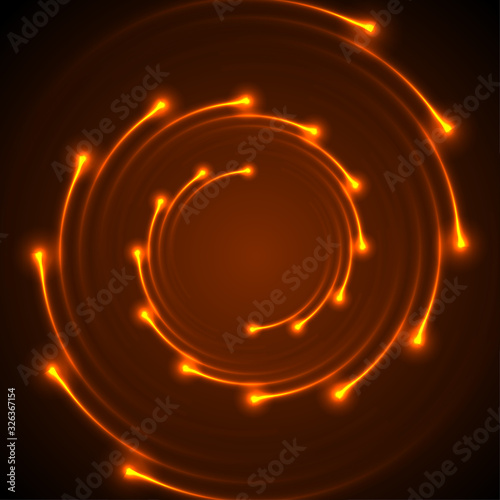 Fiery orange neon spiral lines abstract futuristic background. Vector glowing design